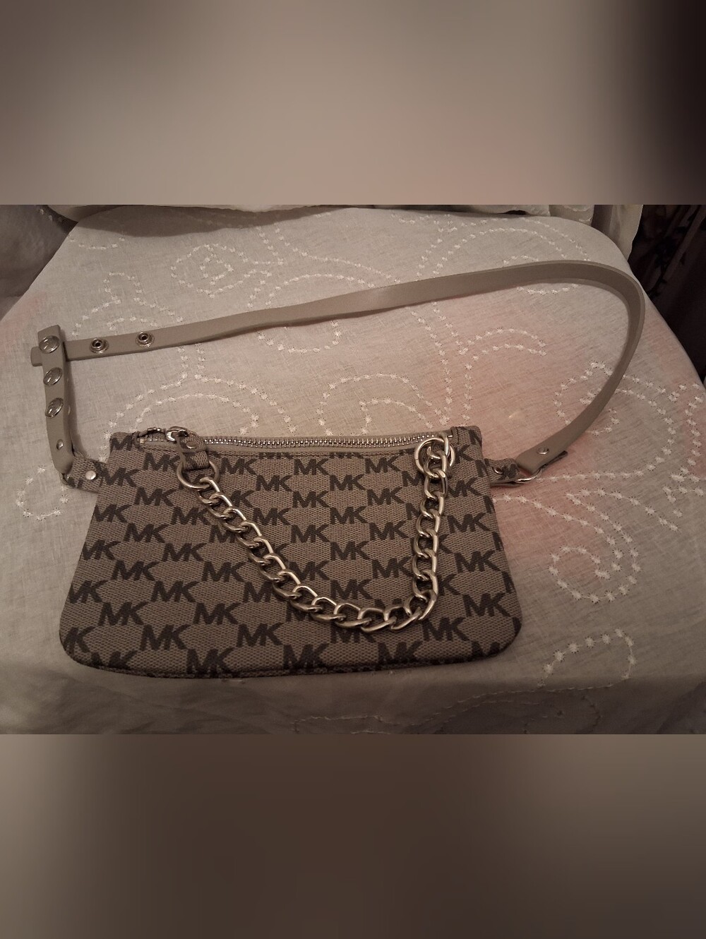 Michael Kors Beige Taupe MK Logo Crossbody with Gold Chain